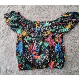 Vintage Arizona 90s Y2k Neon Off Shoulder Ruffle Crop Top Black Tropical Floral